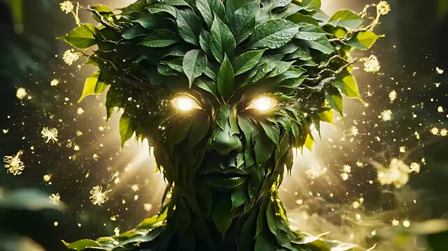 Mystical nature spirit with a leaf face and glowing eyes in a forest. Ethereal entity surrounded by cinematic sunbeams and foliage. Ecology concept for sustainability and fantasy storytelling.