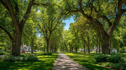 Obraz premium Serene tree-lined path in a park with lush green grass and towering mature trees, landscape