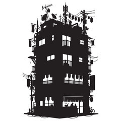 Obraz premium Modern Urban Building Silhouette With Rooftop Antennas And Balconies