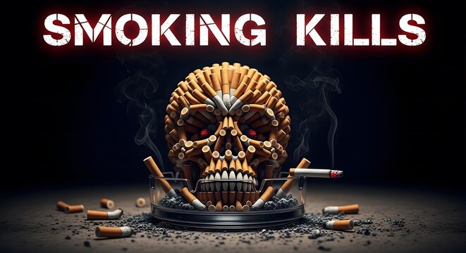Smoking kills concept with human skull shape made from many cigarettes in ashtray.