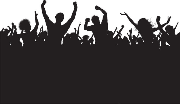 A vibrant illustration of a dancing crowd and party people silhouettes at a music concert disco where a group of youth enjoy a fun celebration and club dance