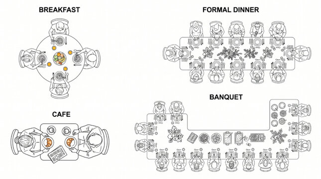 Schematic CAD Drawing of Restaurant Dining Area Layout Vector Floorplan Topdown Perspective with Cutlery