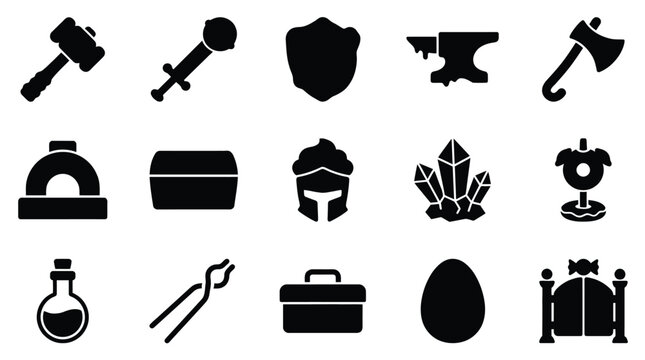 Collection of black silhouette icons representing blacksmithing and fantasy elements.