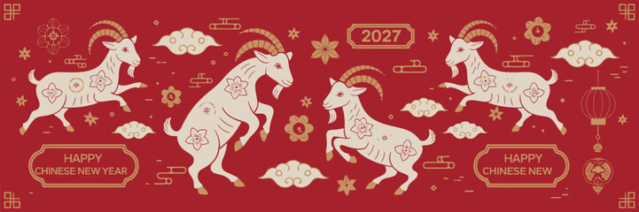 Obraz premium Happy Chinese New Year 2027 Goat Vector Artwork featuring Elegant Zodiac Goat, Red Gold Festive Decoration, Ornamental Frames, Lanterns and Floral Design for New Year Greeting
