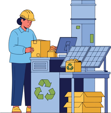 A worker in a hard hat sorts recyclables at a recycling facility with solar panels