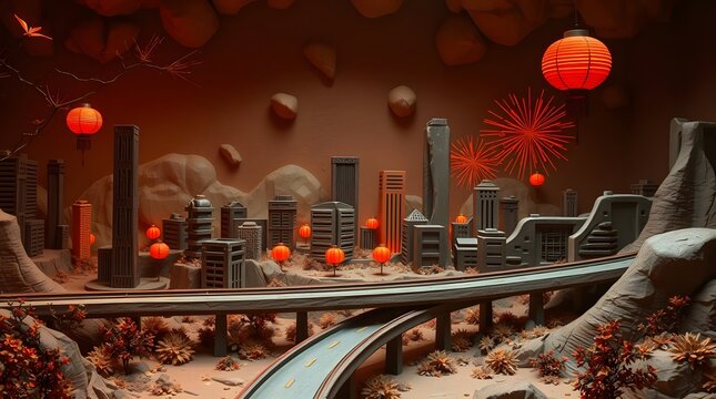 A miniature desert city adorned with traditional red lanterns and bursting fireworks under a dramatic sky, depicting a festive celebration.