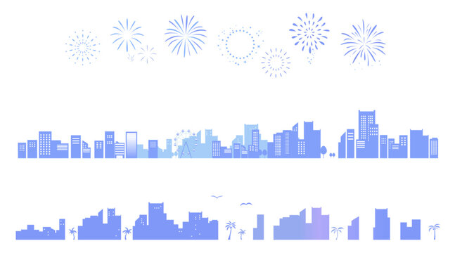 海辺の街並みと花火のシルエットイラストのセット　背景イラスト　都市景観