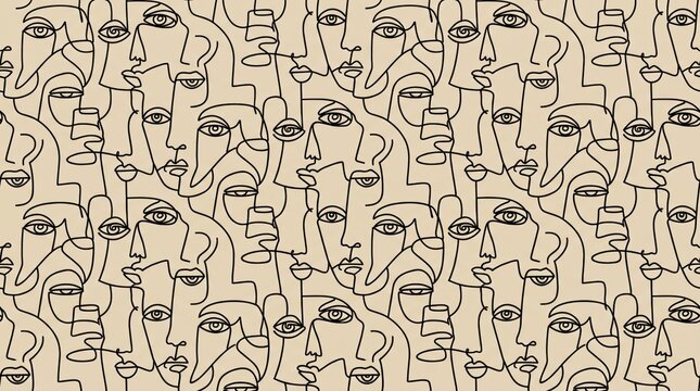 Modern abstract faces seamless pattern in continuous line art style, artistic human profile vector background for creative branding and decor.