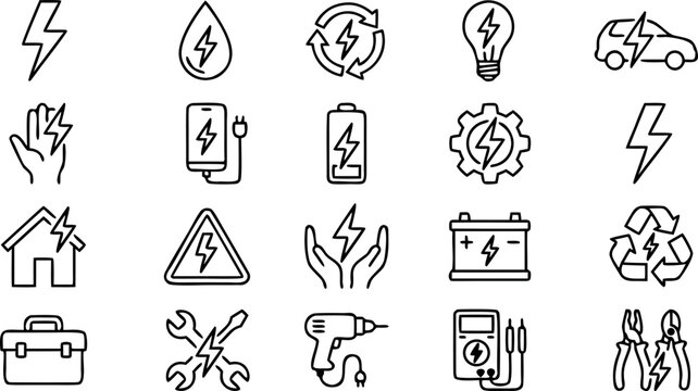 Set of electric power and sustainable energy line icons for electrical engineering industry vector