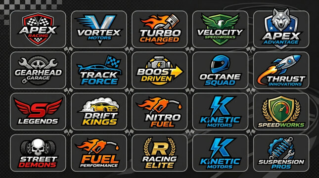 Collection of racing and automotive themed logos and emblems.