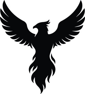 Majestic black phoenix vector illustration, powerful mythical bird with spread wings, fiery tail, symbolic emblem of rebirth and strength, ideal for branding and logo design.