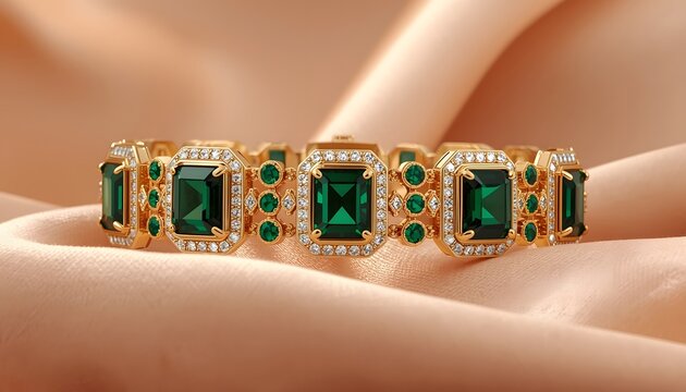 Luxury Gold Bridal Bracelet with Large Square Emerald Green and Diamond Studded Geometric Pattern on Skin