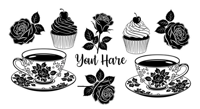 Elegant Tea Time Collection with Floral Cups Cupcakes and Roses