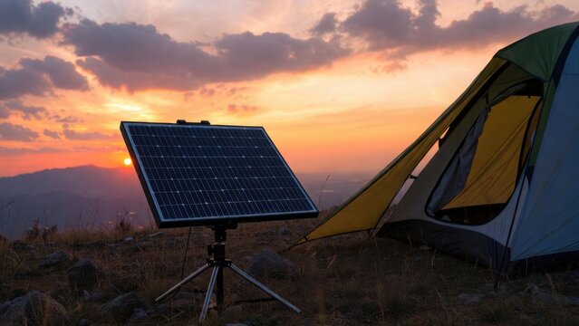 Portable solar panel charging campsite electronics at sunset