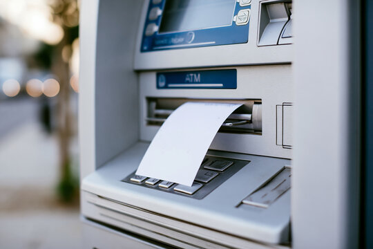 Atm bank cash machine money receipt paper transaction finance keypad technology outdoor atm with blank paper receipt printing from slot city