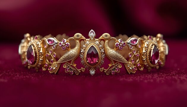 Luxury Gold Bridal Bangle with Ruby Red Stone and Bird Peacock Motif Intricate Engraved Pattern on Red Velvet