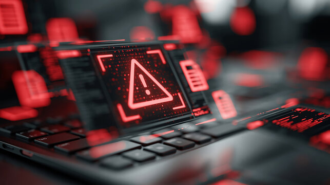 Cyber security alert digital warning system error malware threat red interface laptop keyboard cyber attack data breach cyber crime chaos digital
