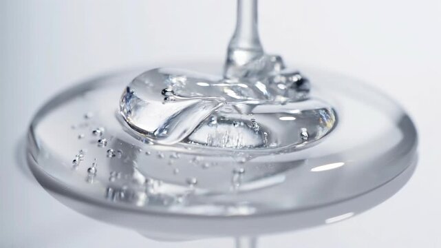 Viscous clear gel with tiny bubbles slowly dripping and forming ripples