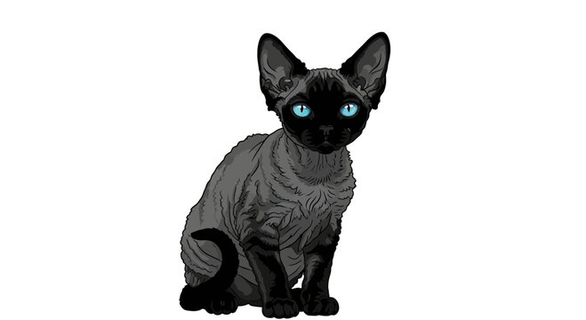 Black Devon Rex cat with bright blue eyes sitting on white background