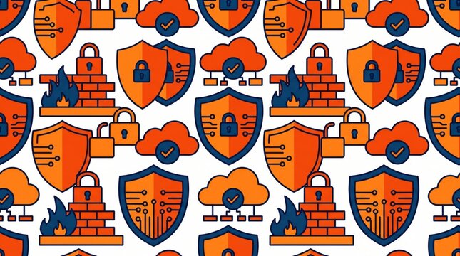 Cyber security seamless pattern with orange cloud computing shields and padlocks, network data protection vector background for tech packaging.