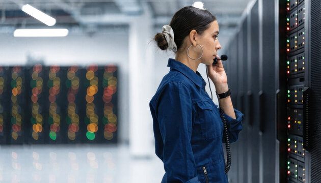 Female technician server room profile view data center network cabinet equipment maintenance headset communication dark blue
