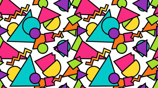 Vibrant 1980s Memphis geometric seamless pattern with colorful triangles and zigzags, retro 90s pop art vector background for fun textile.