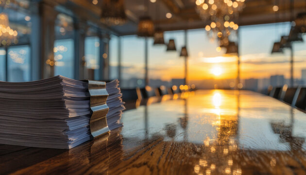 Stack paper document stack wooden table sunset light glass office meeting room paper clip office interior business document