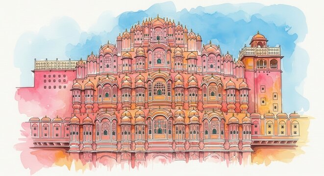 Watercolor Painting of Hawa Mahal in Jaipur, India.