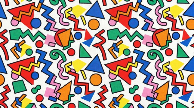 Vibrant 1980s Memphis geometric seamless pattern with colorful triangles zigzags and circles, retro 90s pop art vector background for fun clothing.