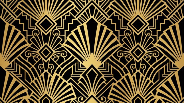 Elegant Art Deco fan seamless pattern in gold and black, classic 1920s Gatsby ornament vector illustration for luxury branding and home decor textile.