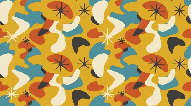 Mid-century modern seamless pattern with abstract organic shapes and stars, retro 1950s atomic age vector background for vintage fabric.