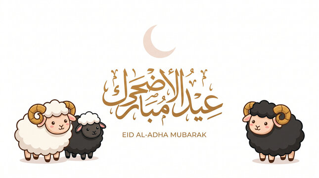 Cute sheep illustration for eid al-adha greeting card with arabic calligraphy crescent moon white background religious holiday blessed eid kurban bayram