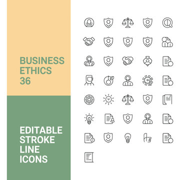 Business ethics editable stroke line icon set with business
