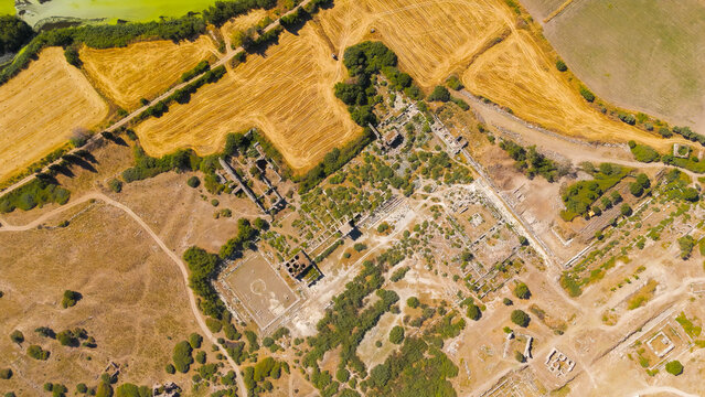 Balat, Turkey. Aerial view of the Capito Roman Baths and South Agora complex at Miletus archaeological site. Aerial View