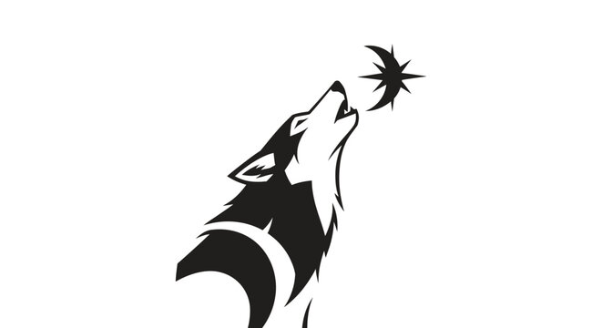 Stylized Wolf Howling at Crescent Moon and Star Silhouette