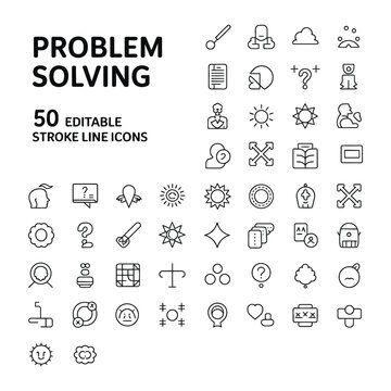 Fifty editable stroke icons for problem solving and solution concepts