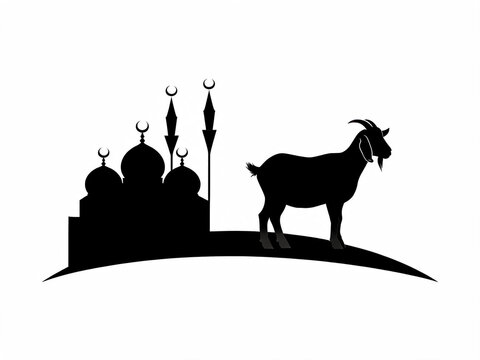 Silhouette of a goat with a mosque in the background representing eid al adha sacrifice animal islamic art worship place religious building islamic architectu