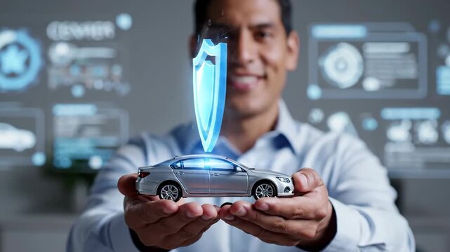 Man holding a car model with a futuristic digital shield and data interface
