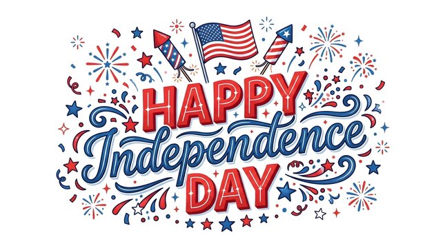 Festive independence day typography with fireworks and american flags illustration