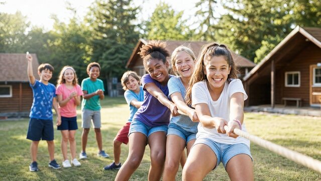 Happy children playing tug of war outdoors at summer camp with wooden cabins and green trees