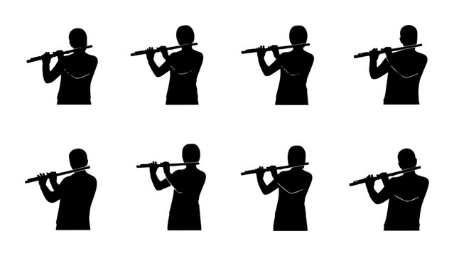 Flute Player Silhouettes: Eight Diverse Poses of Musician Playing Woodwind Instrument, Vector Icons for Music Performance and Education