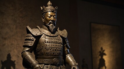 Obraz premium Statue of man dressed in armor, 3d render style background - Generative AI