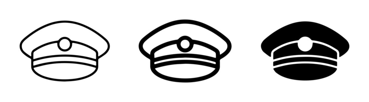 Captain Hat Icons, Officer Cap Vector Graphics, Nautical Headwear Symbols. Set of 3.