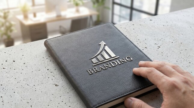 Hand touching black leather notebook with silver branding icon branding notebook business marketing strategy