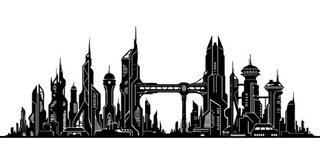 Fototapeta premium Futuristic City Skyline Silhouette, Modern Sci-Fi Urban Landscape Vector Illustration