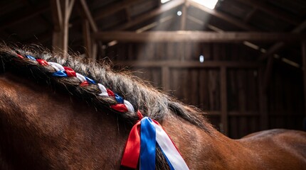 Naklejka premium Close-up of a Horse Wearing Patriotic Ribbons in its Mane