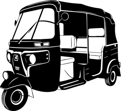Tuk-tuk, auto rickshaw, vector illustration, black and white