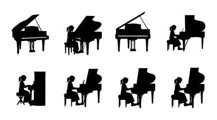 Silhouette Collection: Grand and Upright Pianos with Pianists, Musical Performance Vector Icons © MdArif