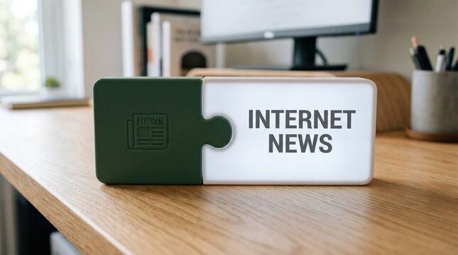 Internet news sign concept on wooden office desk with desktop computer monitor internet information communication