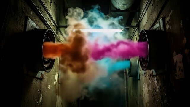 Dirty, dimly-lit tunnel with large vents expelling colorful, surreal clouds of smoke